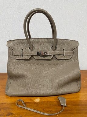 Classic Taupe Leather Tote Bag with Top Handles